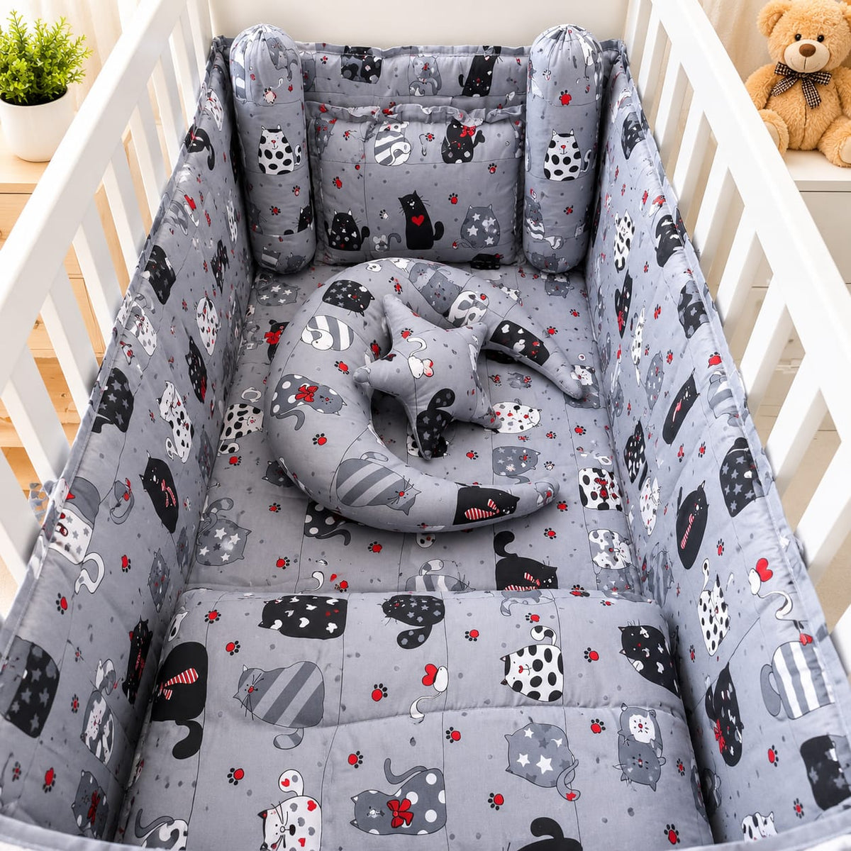 8 Pieces Cot Bedding Set - Grey - Cats