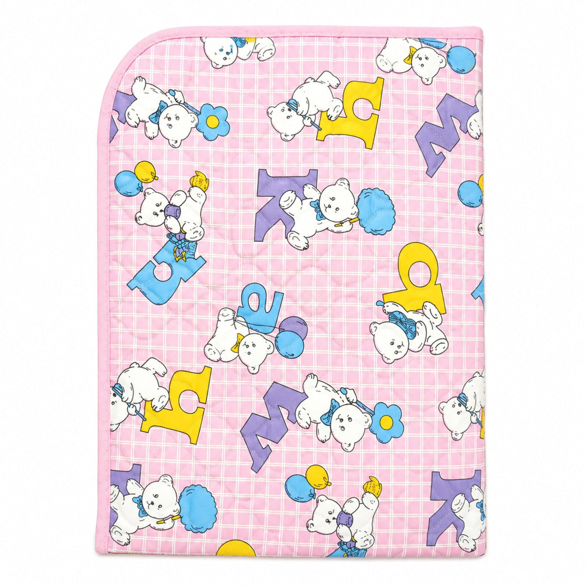 A square pink baby blanket or quilt featuring a cute cartoon polar bear pattern with colorful letters and balloons on a pink gingham background.
