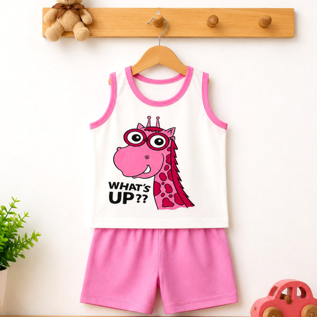 Cotton Jersey Sando & Short - Pink - Giraffe
