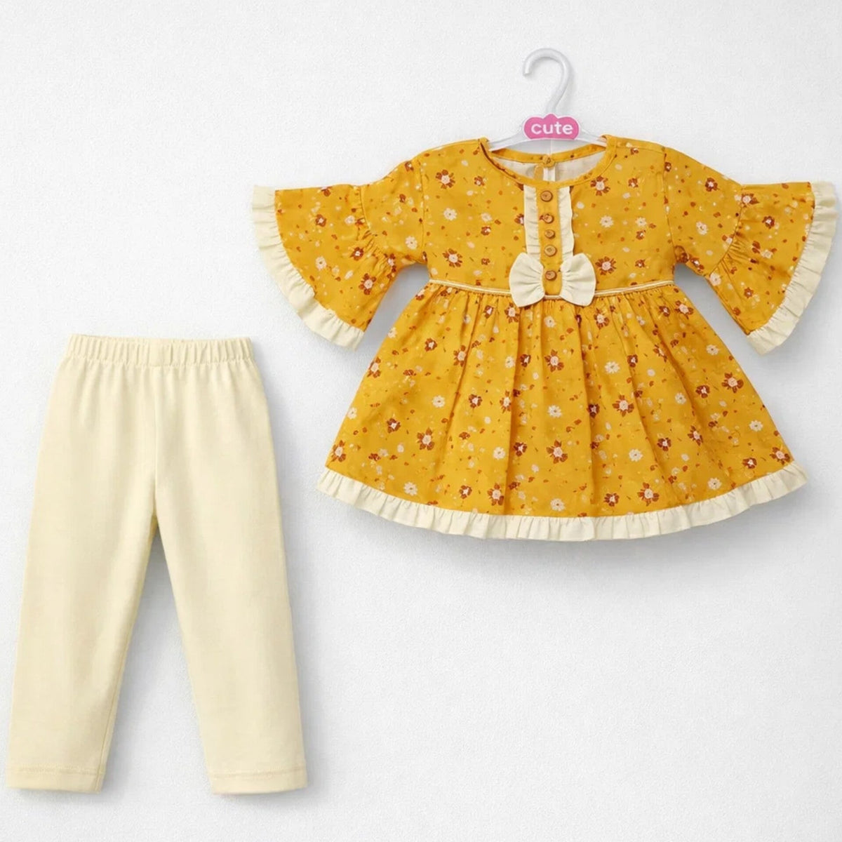 P&P - 2 Pieces - Frock Set - Yellow - Bow & Flowers