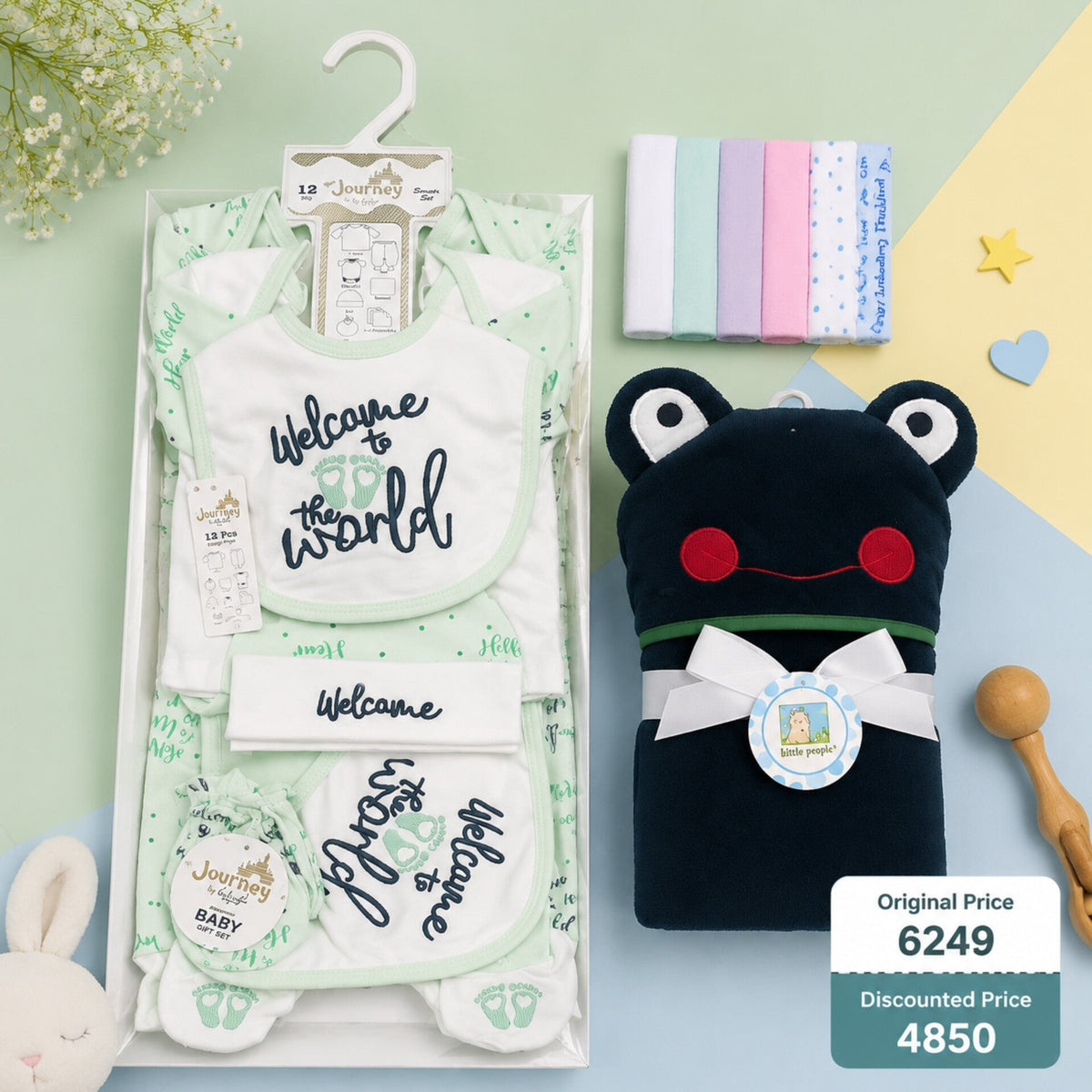 Newborn Welcome Bundle - Light Green Welcome Starter Set, Imported Bath Towel & Face Towel Pack