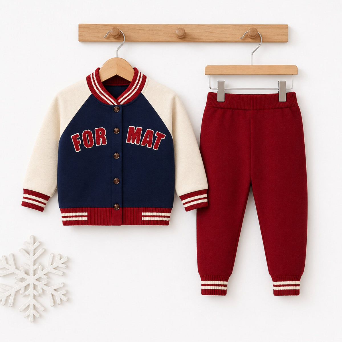 A children's two-piece knit outfit set hanging on wooden hangers against a white wall. The set includes a varsity-style cardigan with navy blue, cream, and red color blocking, and matching red jogger pants with cream ribbed cuffs and hem.