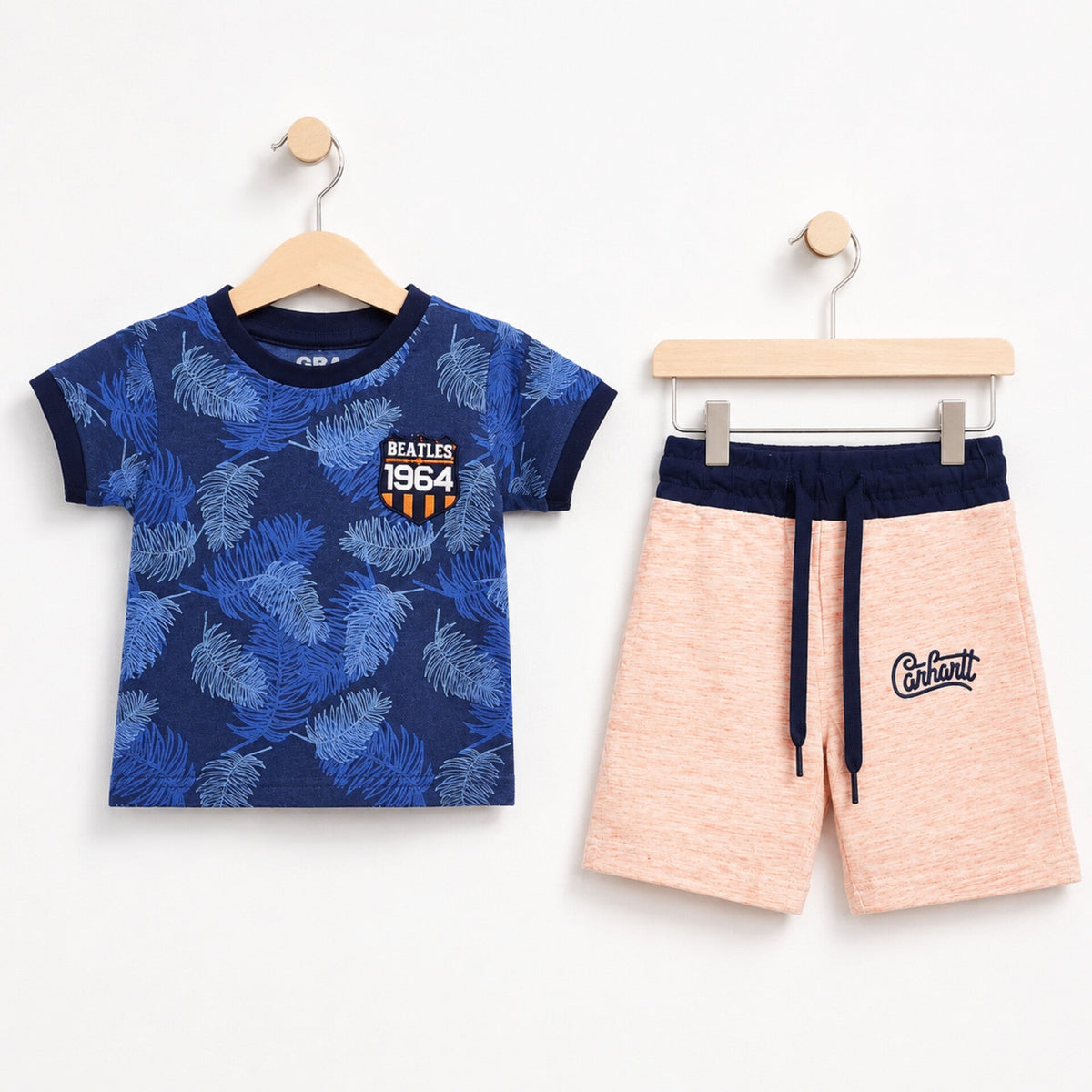 GT - Cotton Jersey - T-Shirt & Short - Blue Leaves & Pink (1-2Y)
