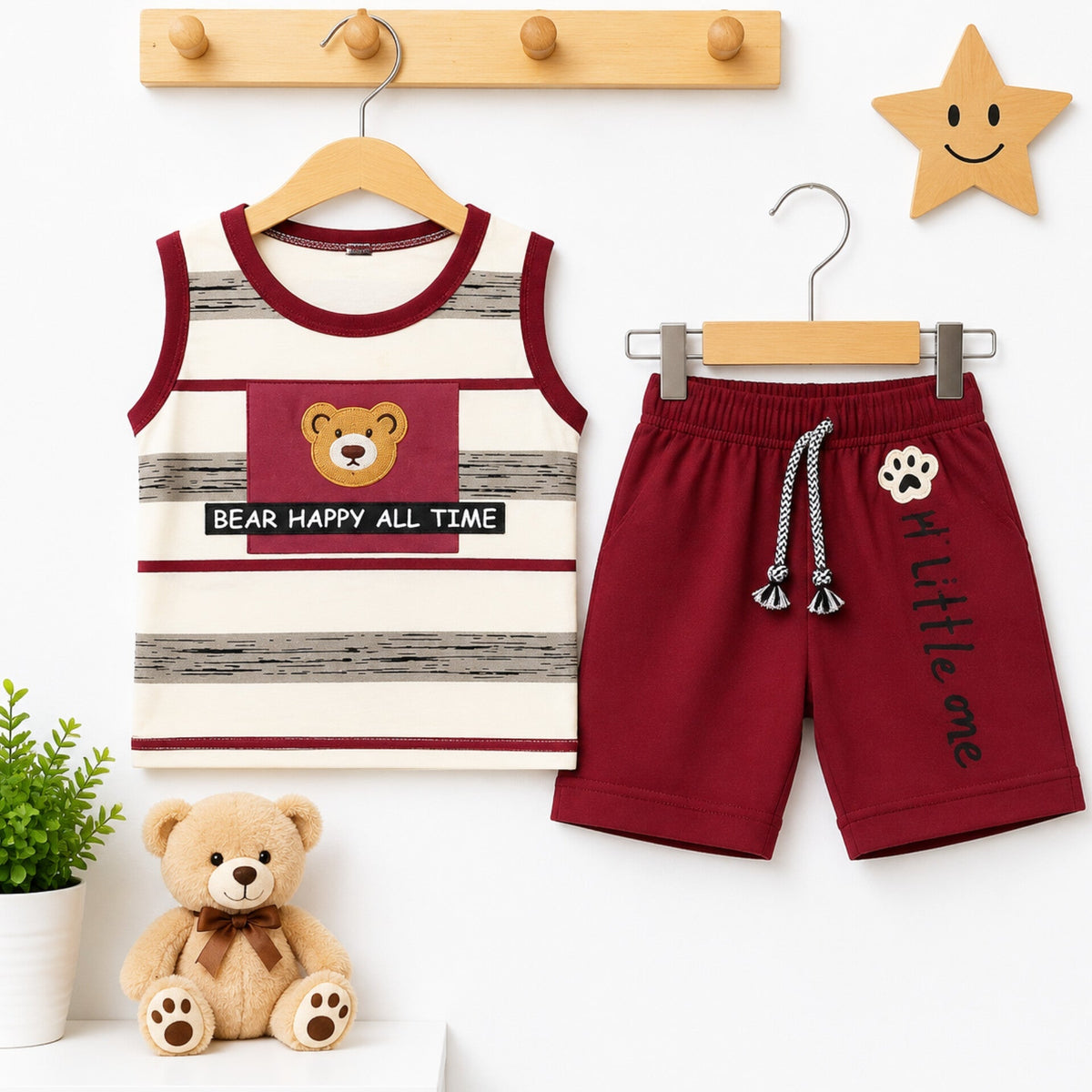 WS - Cotton Jersey - Sando & Short - Maroon - Bear Happy