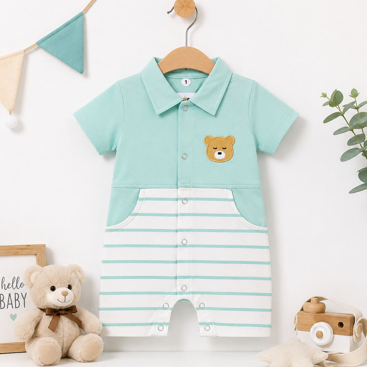 TBS - Short Leg - Fashion Romper - Green - Bear & Stripes