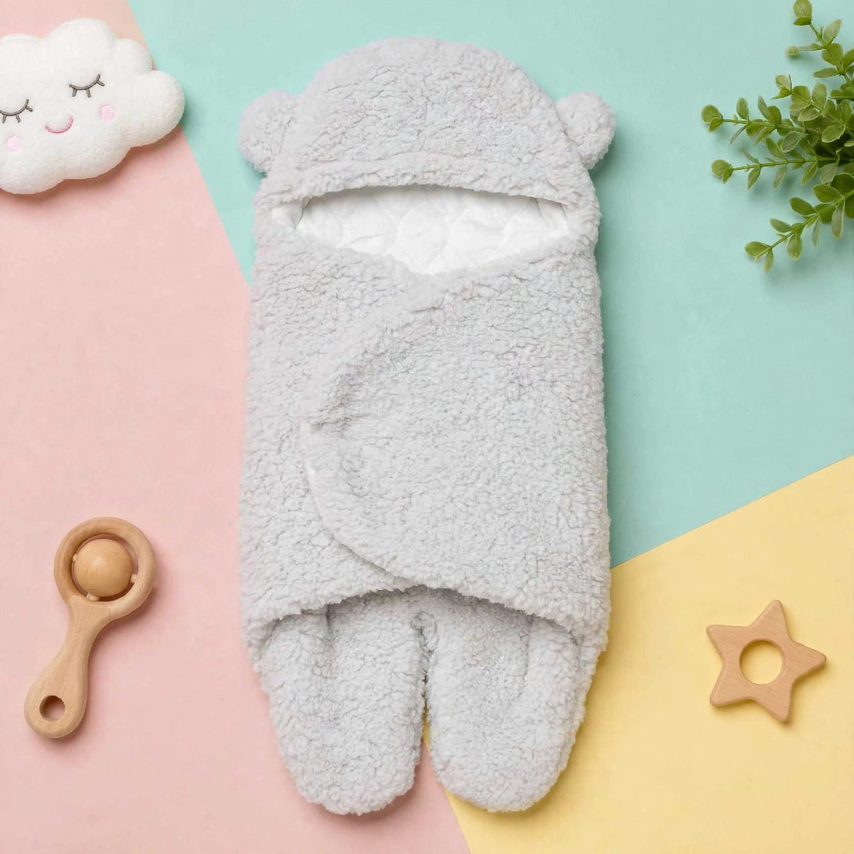 A light gray plush fleece baby footed swaddle wrap with a hood and ear details, laid flat on a pastel-colored background with baby accessories.