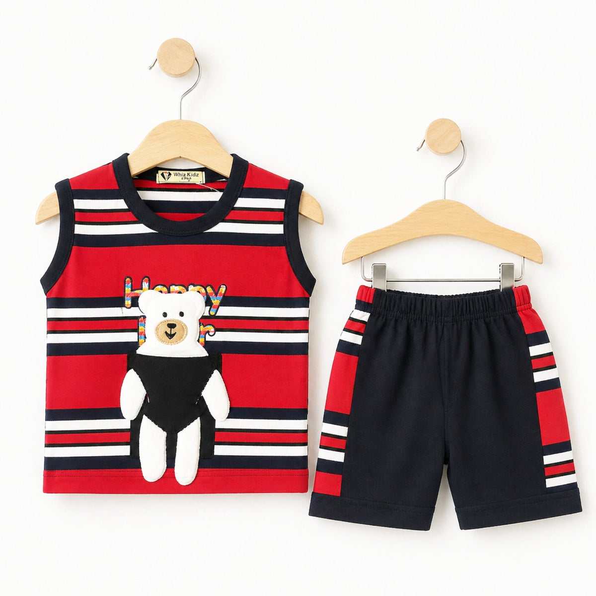 Cotton Jersey - Sando & Short - Red & Navy - Happy Bear
