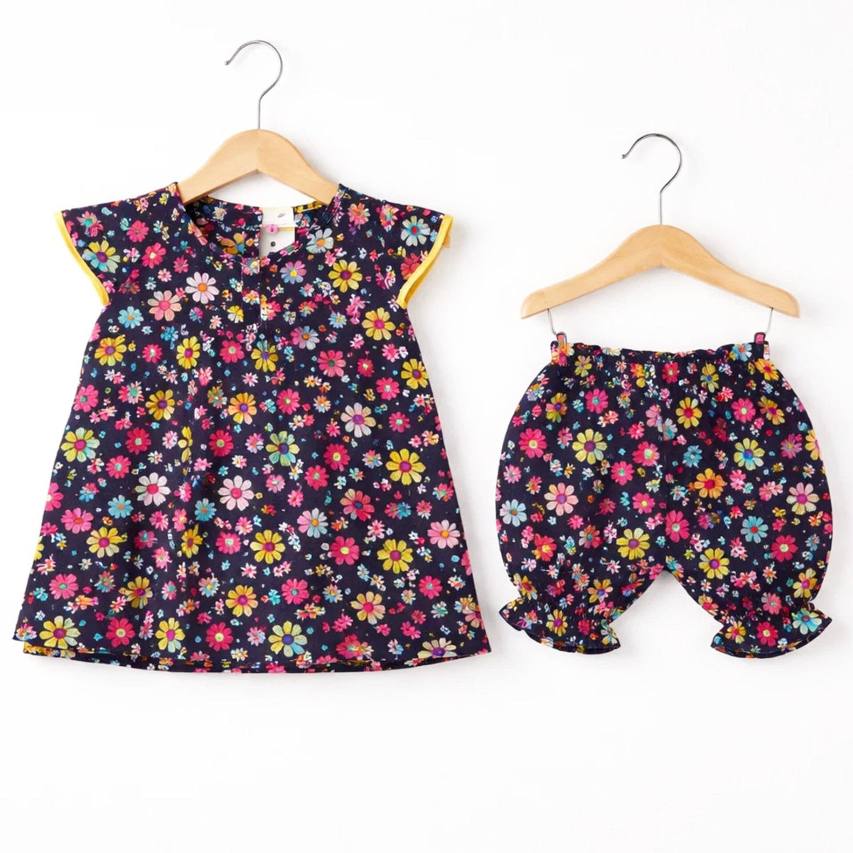 PR - 3 Pieces - Frock Set - Navy - Multi Flowers