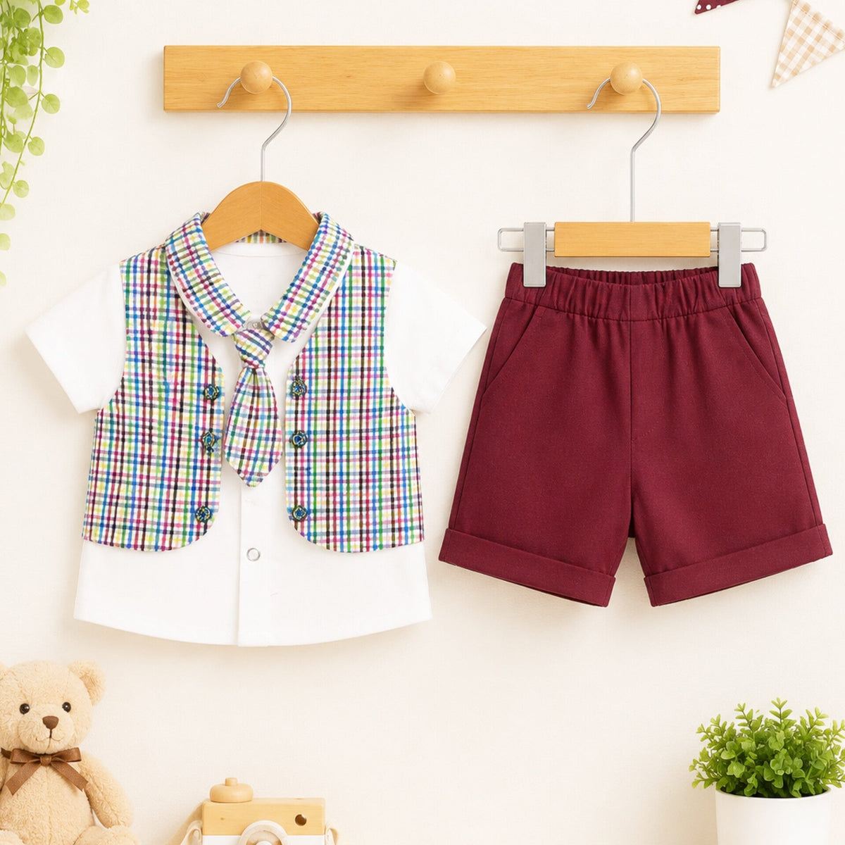 GM - 2 Pieces - Suit Set - Multi Color Check - Tie