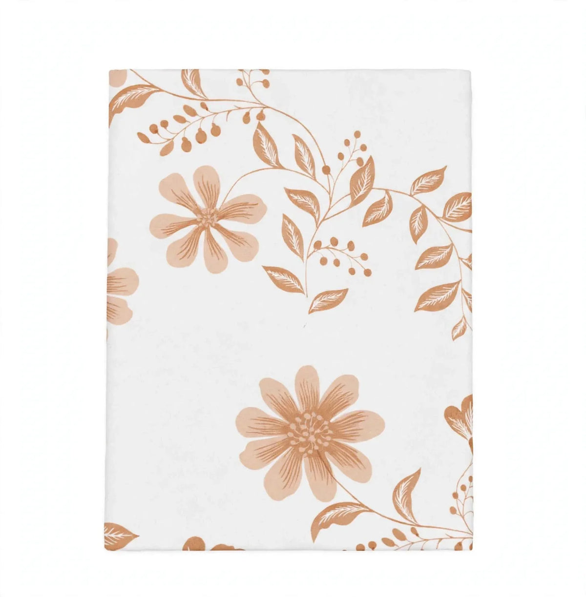 A rectangular white fabric item, likely a tea towel or napkin, featuring a dusty rose and terracotta floral pattern on a clean white background.