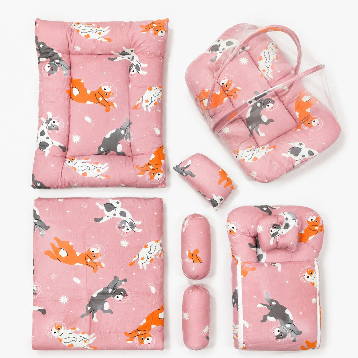Newborn Cotton Bedding Set - 8 Pieces - Cat - Pink