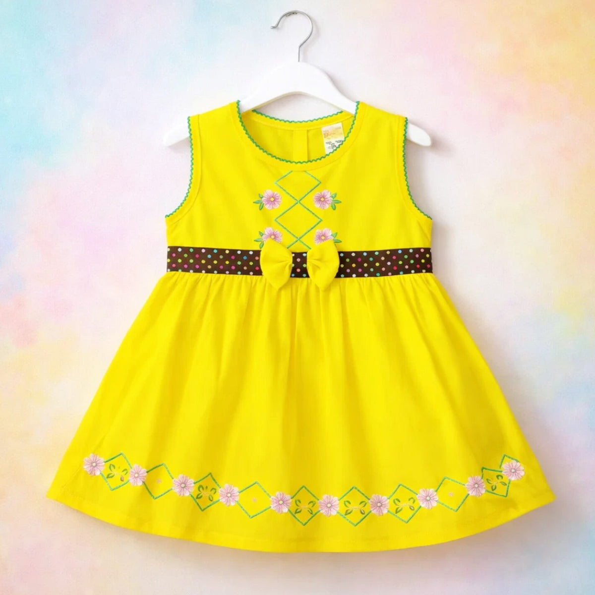 P&P - Short Sleeve - Embroidered Frock - Yellow - Polka Bow