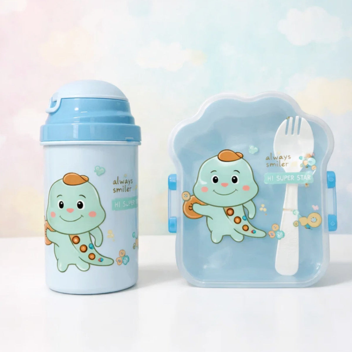 2 Pieces - Star Lunch Box & Water Bottle - Gift Set - Dino - Blue