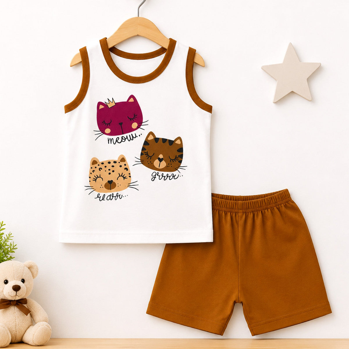 Cotton Jersey Sando & Short - Rust - Cats