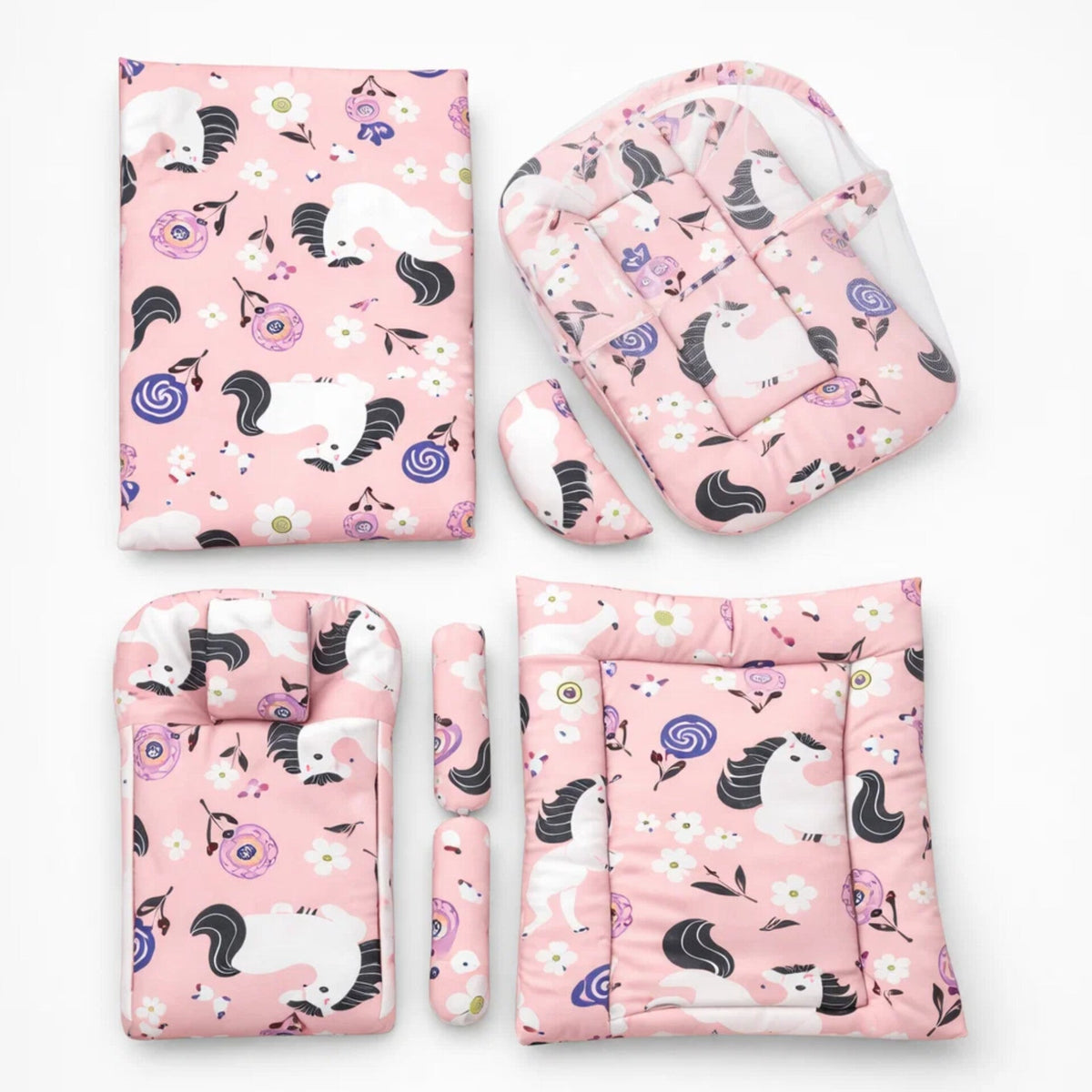Newborn Cotton Bedding Set - 8 Pieces - Unicorn & Flowers - Pink
