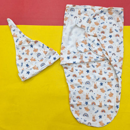Swaddle with Cap - Navy & Brown - Rabbit & Stars