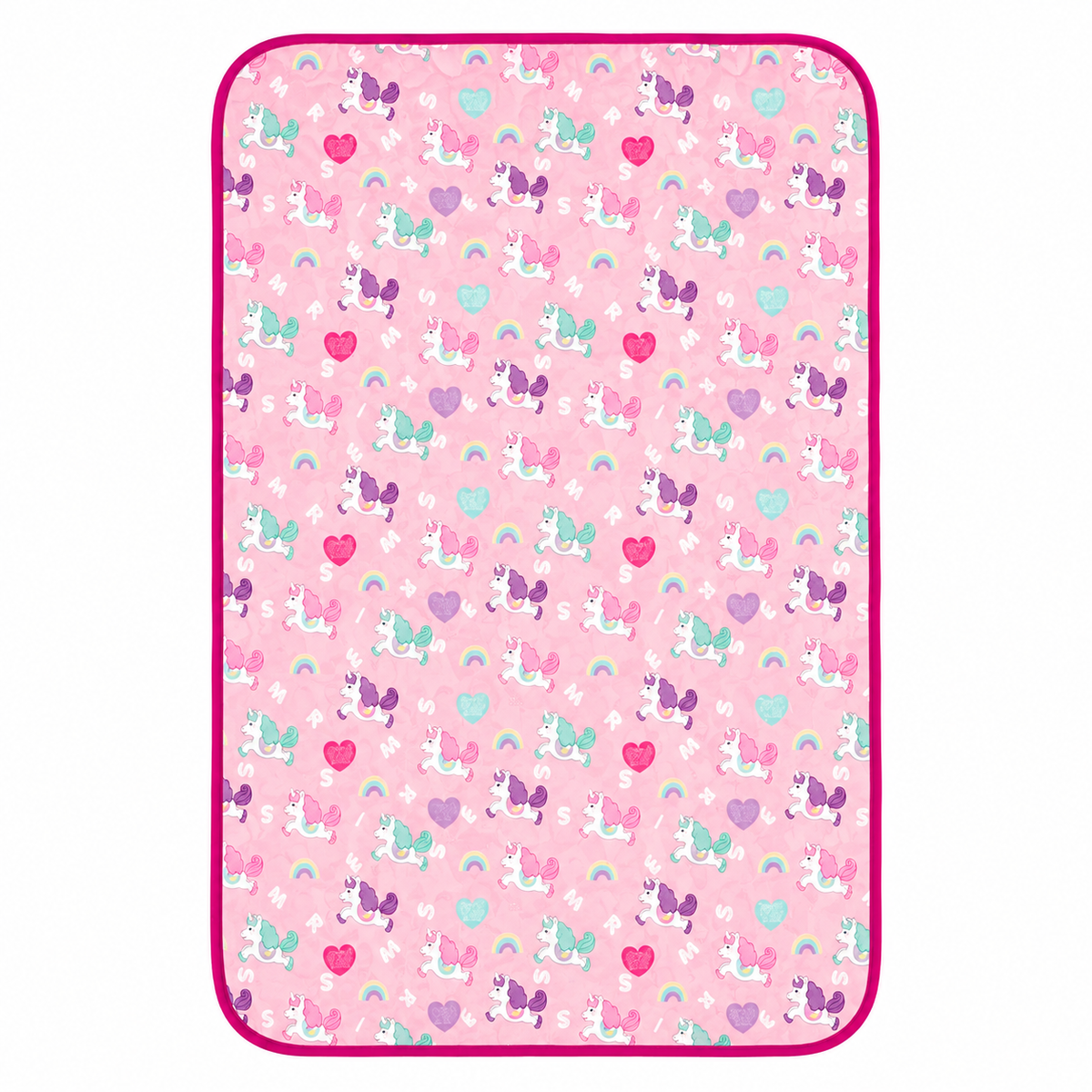 A rectangular pink blanket or mat with rounded corners, featuring a repeating pattern of cartoon unicorns, hearts, and rainbows, finished with a bright magenta border.