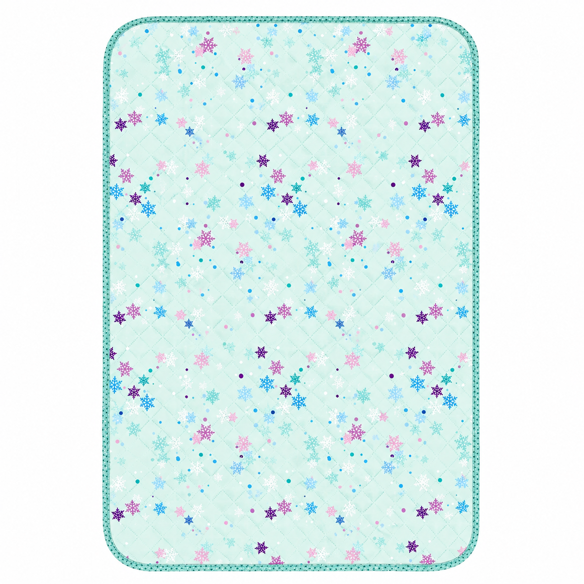 A rectangular quilted baby blanket with a light mint green background, decorated with a scattered pattern of small snowflakes in various colors including blue, pink, purple, and white. It features a stitched border and is shown flat against a solid white 