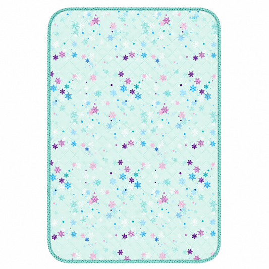 A rectangular quilted baby blanket with a light mint green background, decorated with a scattered pattern of small snowflakes in various colors including blue, pink, purple, and white. It features a stitched border and is shown flat against a solid white 