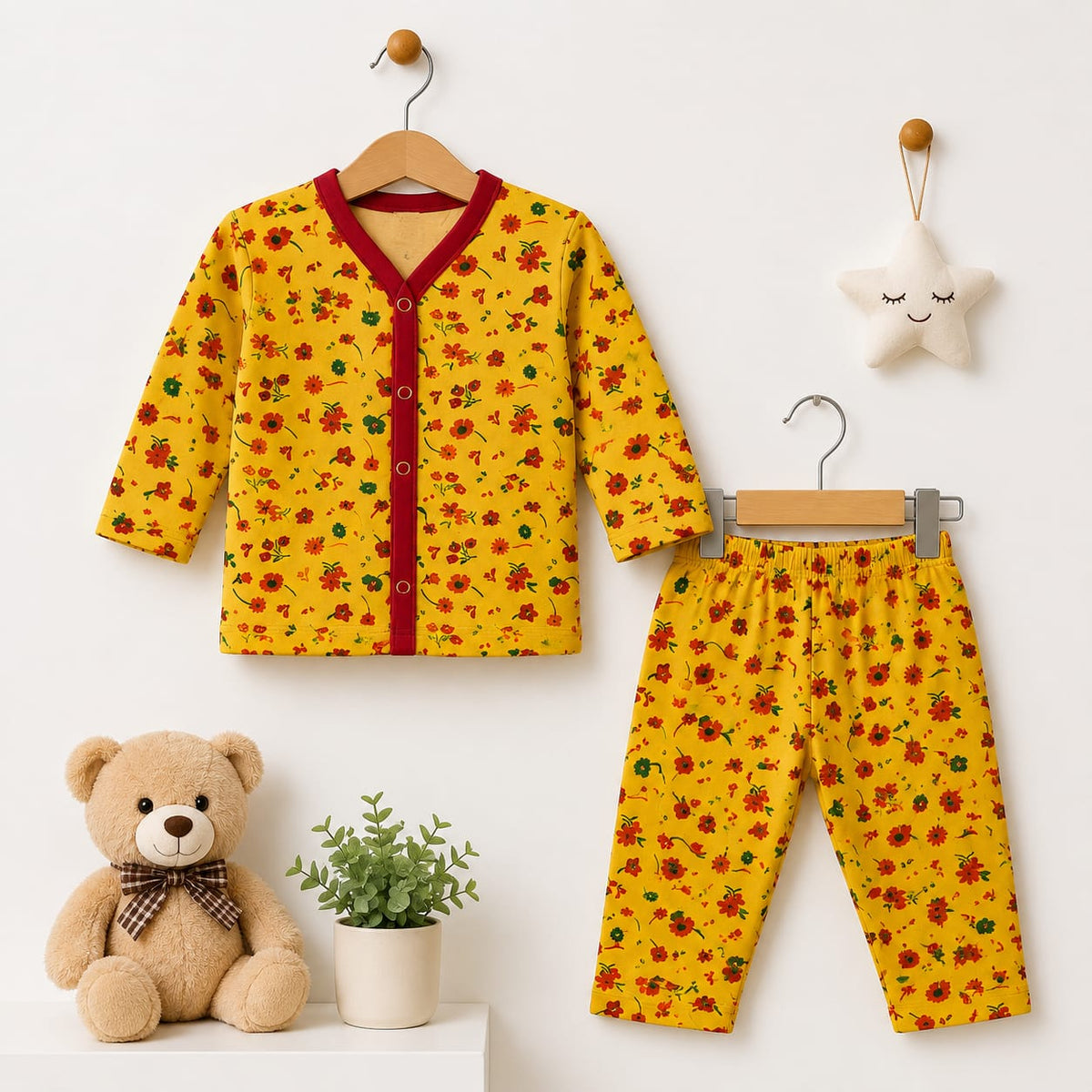 Cotton Jersey Night Suit - Yellow - Floral - 26 - TBS