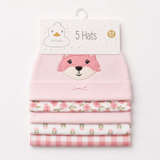 Pack of 5 Caps - Pink - Cat (0-9 Months)