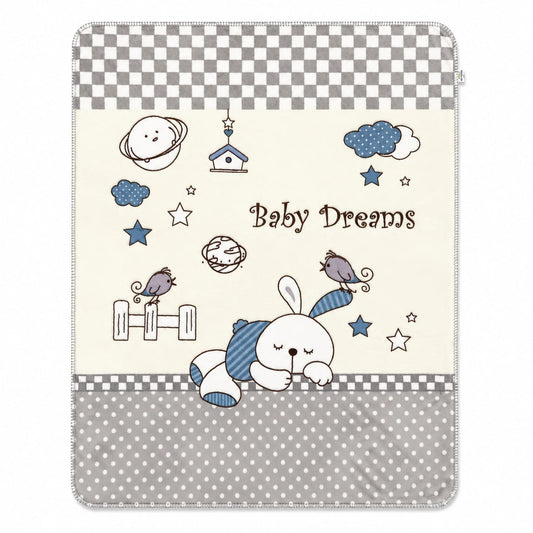 A baby blanket or throw featuring a whimsical space-themed design with the words 'Baby Dreams'. The design includes a white bunny with blue striped socks, stars, clouds, a bird, a moon, and a small house on an off-white background, framed by gray and whit