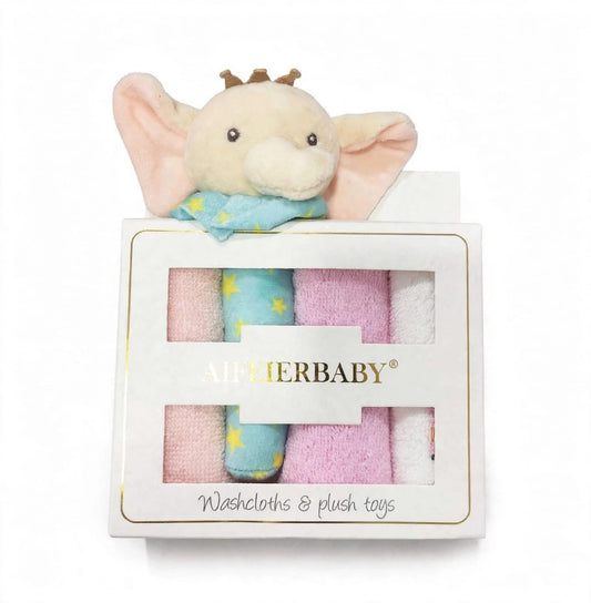 A baby gift set by Alfierbaby containing pastel washcloths and a plush elephant toy peeking out of a white window box. The set includes pink, light blue, and purple washcloths with yellow star patterns, and the elephant plush has a small brown crown and a