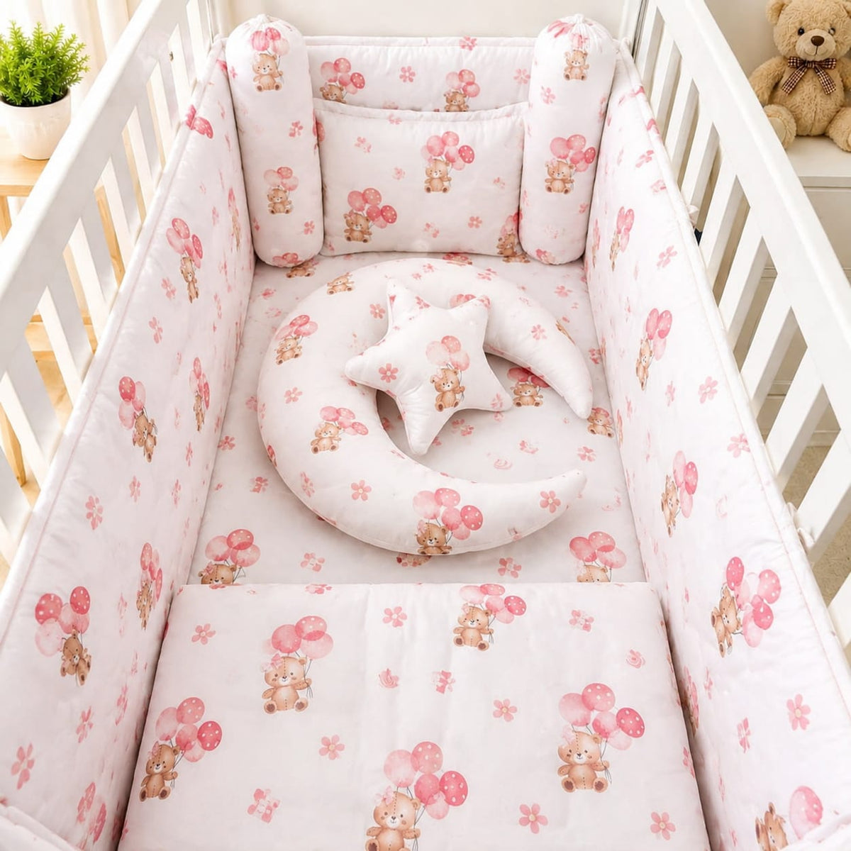 8 Piece Baby Cot Bedding Set Pink Balloons | Complete Cot Bedding Set
