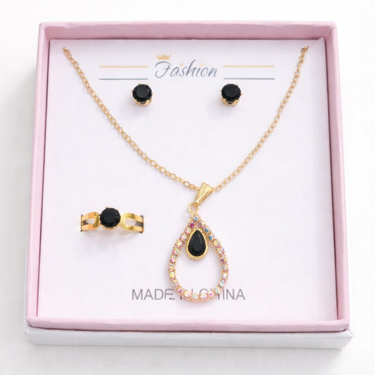 Fashion - 3 Pieces - Jewelry Set - Black - Golden Drop