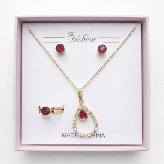 Fashion - 3 Pieces - Jewelry Set - Red - Golden Drop