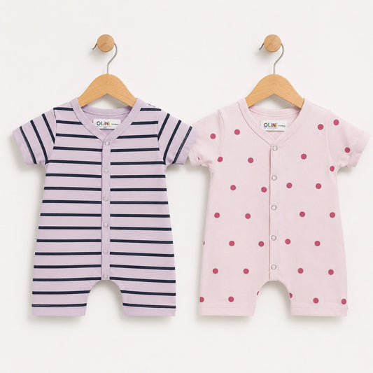 Cotton Jersey Short Leg Rompers - Pack of 2 - Purple Stripes & Pink Polka - LUJ - OLINI