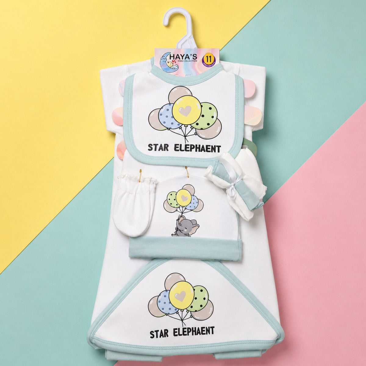 Newborn Starter Set - Cotton Interlock - 11 Pieces - Elephant - Green