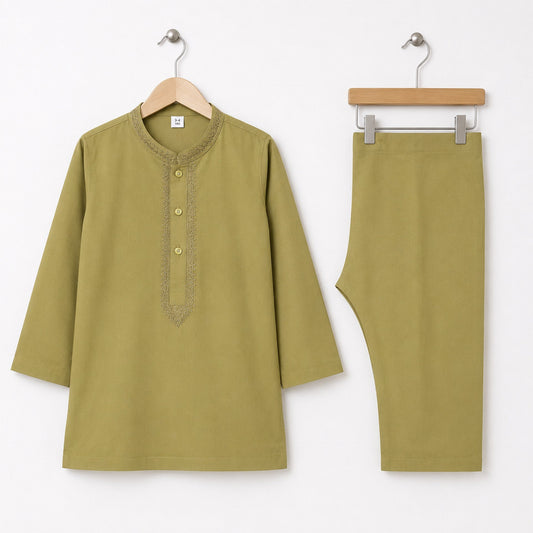 Soft Cotton Embroidered Kurta Shalwar - Olive - TBS