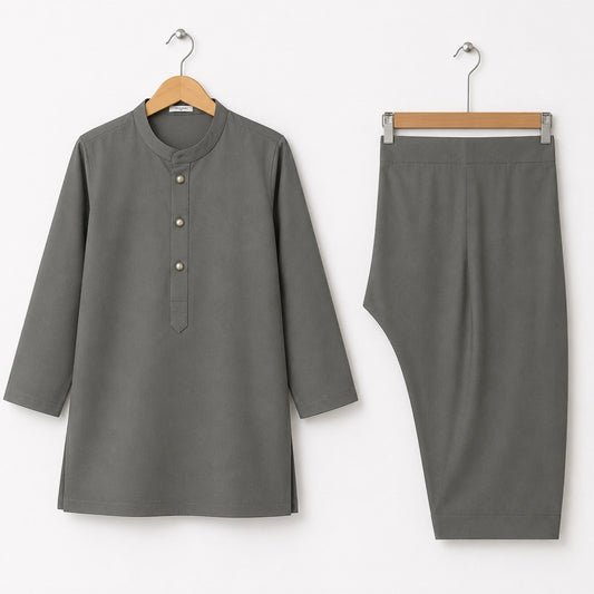 Soft Cotton Kurta Shalwar - Grey - LUJ - OLINI