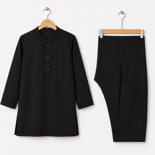Soft Cotton Kurta Shalwar - Black - LUJ - OLINI