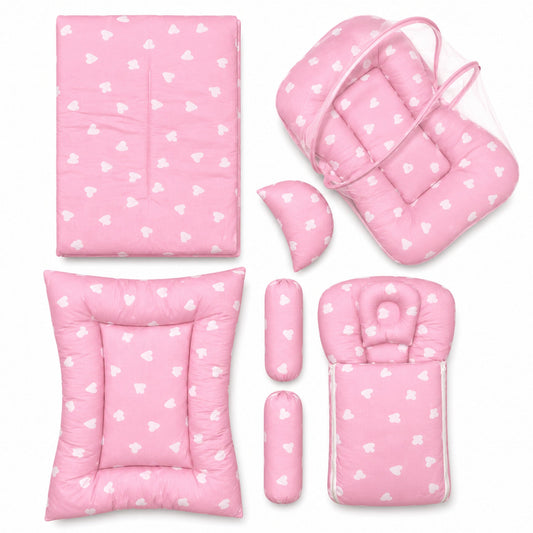 Newborn Cotton Bedding Set - 8 Pieces - Pink - Hearts