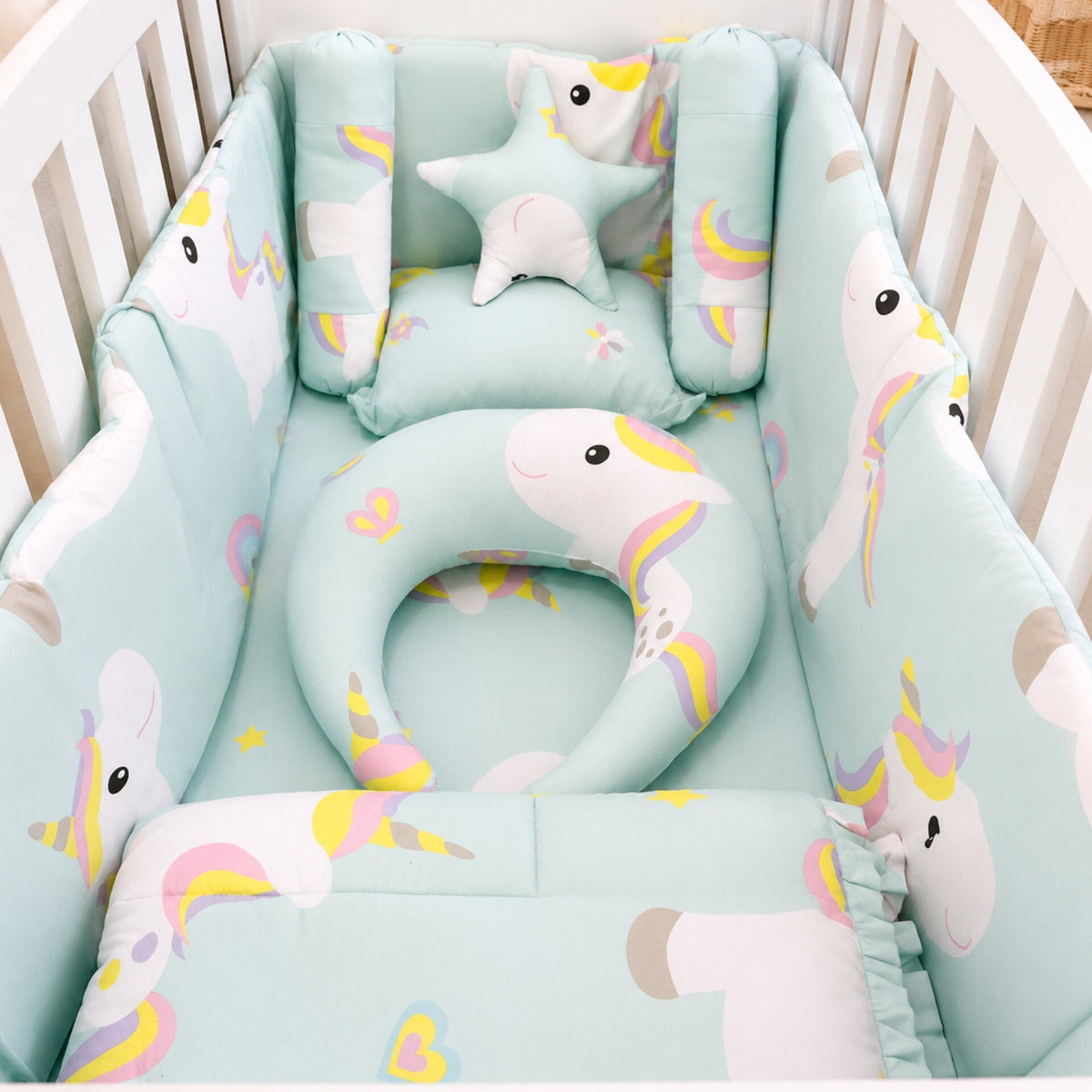 8 Pieces Cot Bedding Set - Sea Green - Unicorn