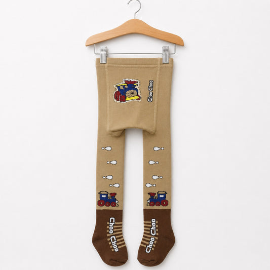 Kids Winter Leggings Brown Train Print | Warm Leggings for Boys | 18–24 Months | Size 80–86