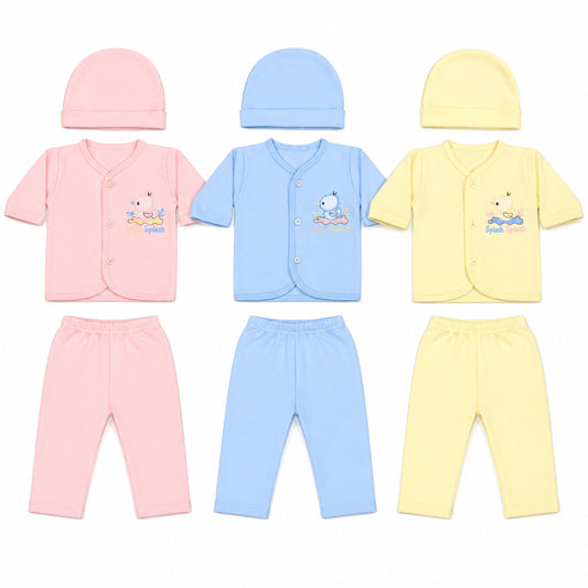 Three baby clothing sets arranged on a white background, each including a soft hat, cardigan, and pants in pastel pink, light blue, and pale yellow. The cardigans have small embroidered cartoon motifs and snap closures.