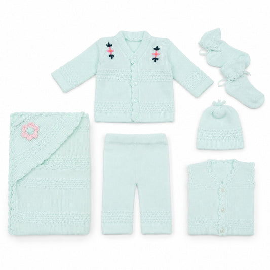 6 Pieces Wool Newborn Starter Set Blue | Soft & Warm Winter Baby Clothing Set | 0+ Months