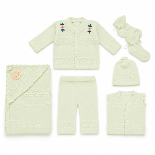 6 Pieces Wool Newborn Starter Set Green | Soft & Warm Winter Baby Clothing Set | 0+ Months