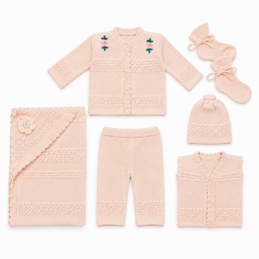 6 Pieces Wool Newborn Starter Set Peach | Soft & Warm Winter Baby Clothing Set | 0+ Months