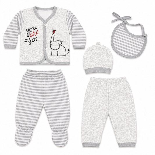 5 Pieces Imported Newborn Fleece Starter Set – Grey Elephant | Soft Winter Baby Clothing Set | 0+ Months