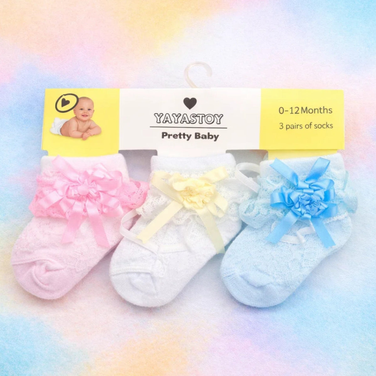 Pretty Baby - Pair of 3 Socks - Blue White Pink