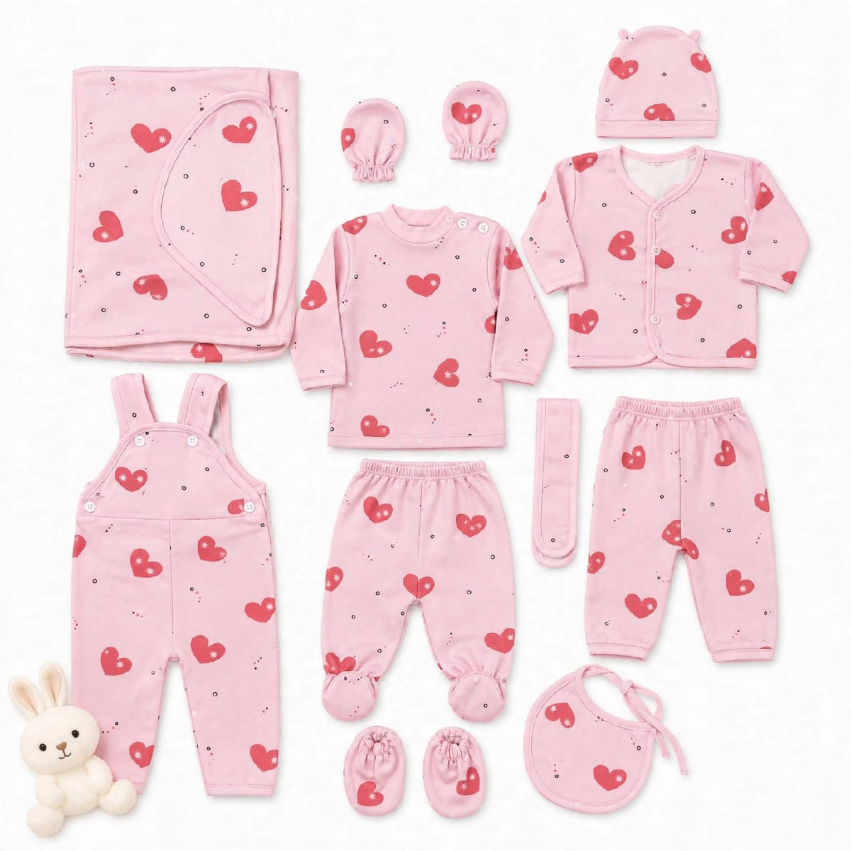 11 Pieces Imported Newborn Fleece Starter Set – Pink Hearts | Soft Winter Baby Clothing Set | 0+ Months