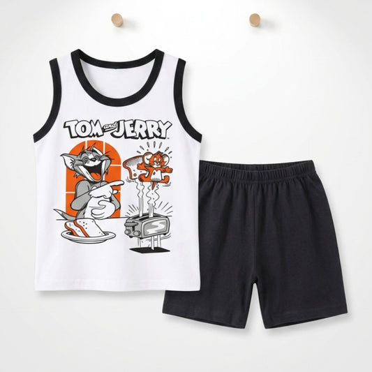 Cotton Jersey Sando & Short - Black - Tom & Jerry