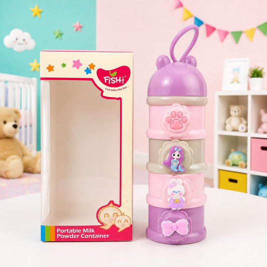 A portable milk powder container in pastel pink and purple stands next to its retail box on a white tabletop. The container has stacked compartments with cute character illustrations and paw-print details, and the box reads 'Portable Milk Powder Container