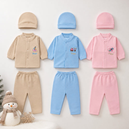 Three sets of baby clothing laid out on a light background: a beige one-piece top with matching hat and pants, a light blue one-piece top with matching hat and pants, and a pink one-piece top with matching hat and pants. Each set includes a long-sleeve bu