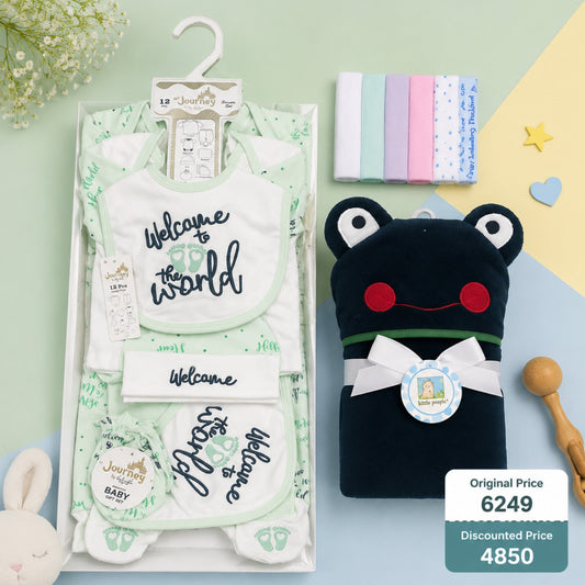 Newborn Welcome Bundle - Light Green Welcome Starter Set, Imported Bath Towel & Face Towel Pack