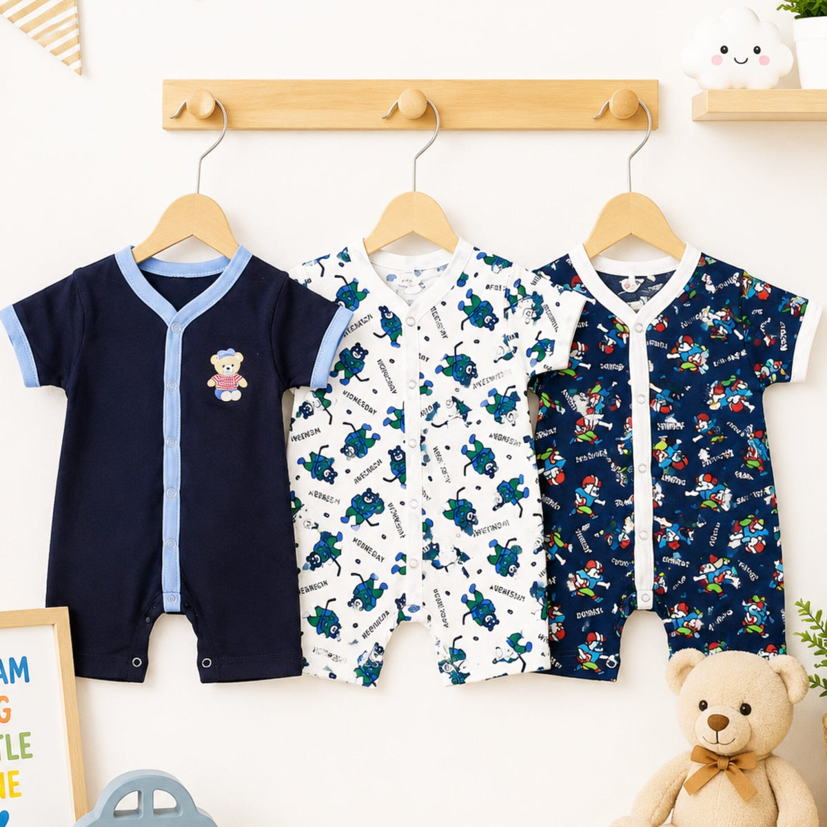 LO - Cotton Jersey - Pack of 3 - Short Leg Rompers - White & Navy - Days